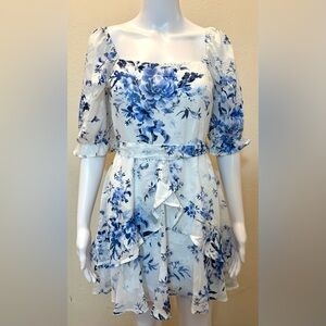 Floral Blue & White Ruffle Mini Sundress – Size Small, by mi ami for Francesca’s